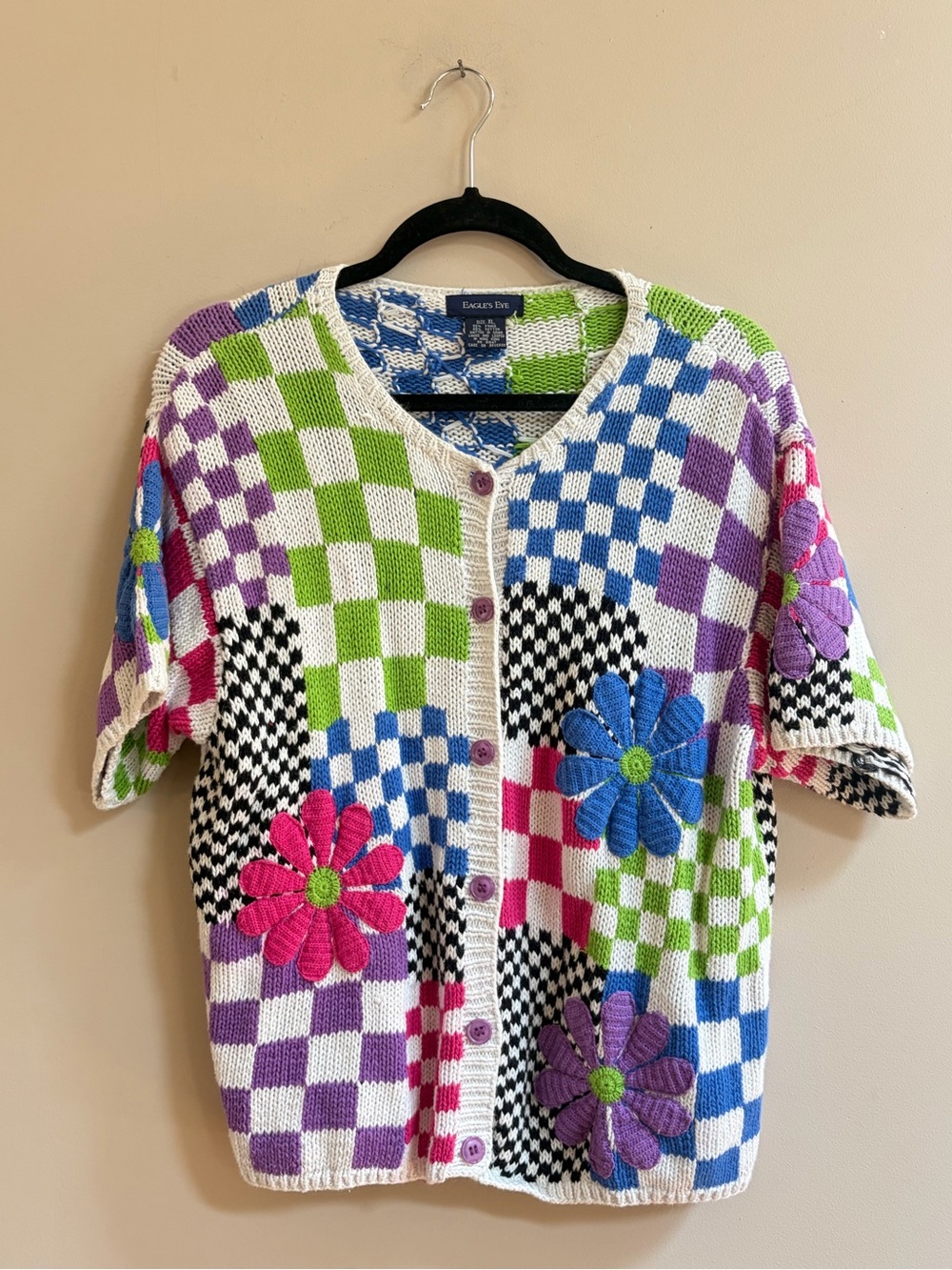 Eagle’s Eye Vintage Floral Colorful Flower Checkered Pattern Button Up Cardigan
